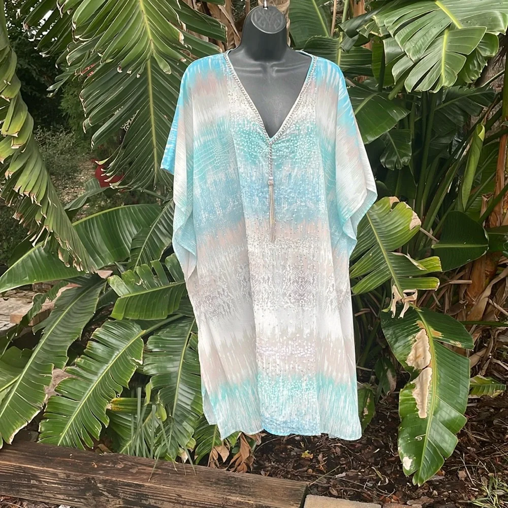 Chicos, ocean wave, sequin and chain, caftan cover-up - Picture 1 of 8